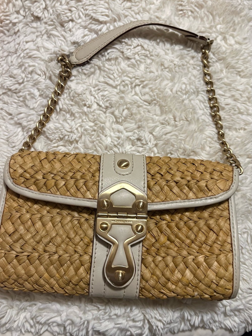 Michael Kors Woven Straw Shoulder Bag with Cream Trim and Gold Hardware